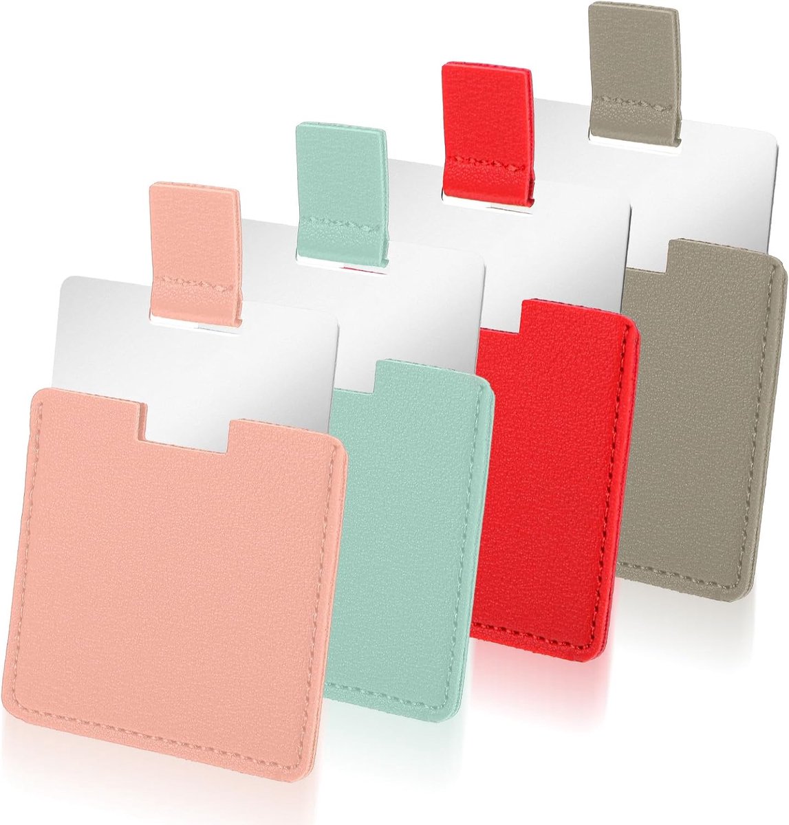 SnelShoppen - Pack van 4 Kleine Spiegels, RVS Mini Spiegels met PU Beschermhoes, 6,5 x 7 cm, Reis Make-up Spiegel, Handtas en Make-up (Ultradun, 4 Kle