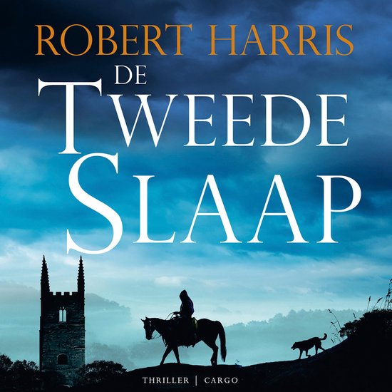 Boekomslag met de titel 'De tweede slaap' van Robert Harris, met een ruiter op een paard bij een kerk, onder een dramatische hemel.