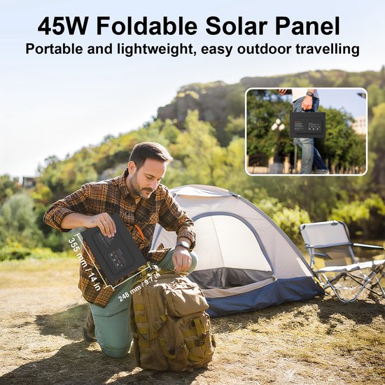 MHPOWOS 45W Draagbaar Vouwbaar Zonnepaneel, Monokristallijn ETFE Zonne Oplader IP67 Waterbestendig, USB-A/USB-C/DC Multipoort voor Kamperen, Wandelen, Camper en Noodvoeding — afbeelding 2
