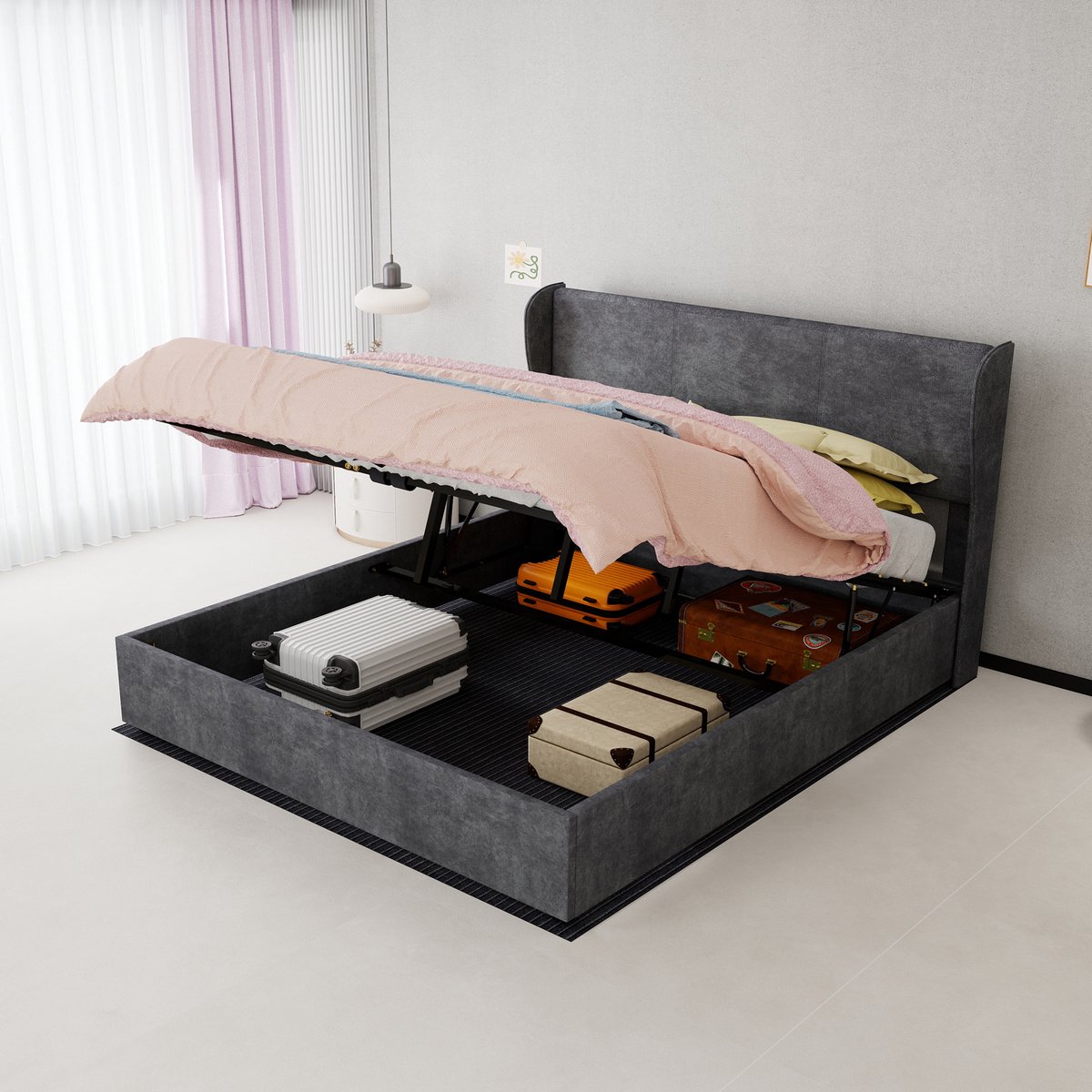WUVRIE Gestoffeerd opbergbed 160x200 cm met gaslift en lattenbodem, grijs