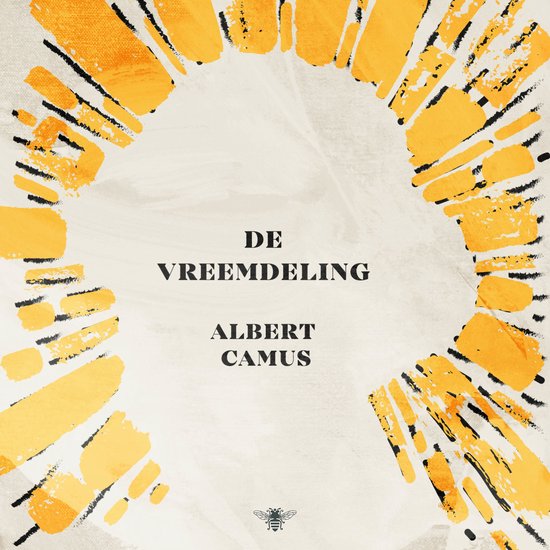Boekcover van 'De Vreemdeling' van Albert Camus met een abstract ontwerp van oranje en zwarte strepen op een crème achtergrond.