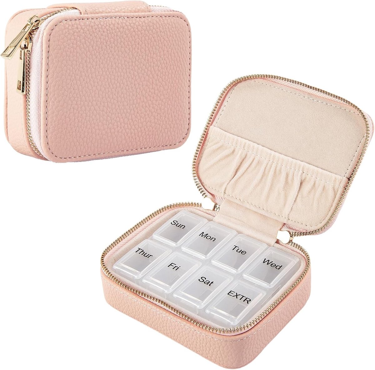 8-voudige tablettenbox in veganistisch leer, roze, met afneembare dagbox voor pillen, vitaminen en medicijnen, ideaal voor 7 dagen gebruik