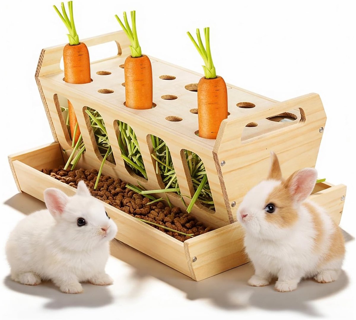 Houten Hooi Voederstation voor Konijnen en Cavia's, 30 x 20.5 x 18 cm, Met Wortelhouder en Grote Capaciteit