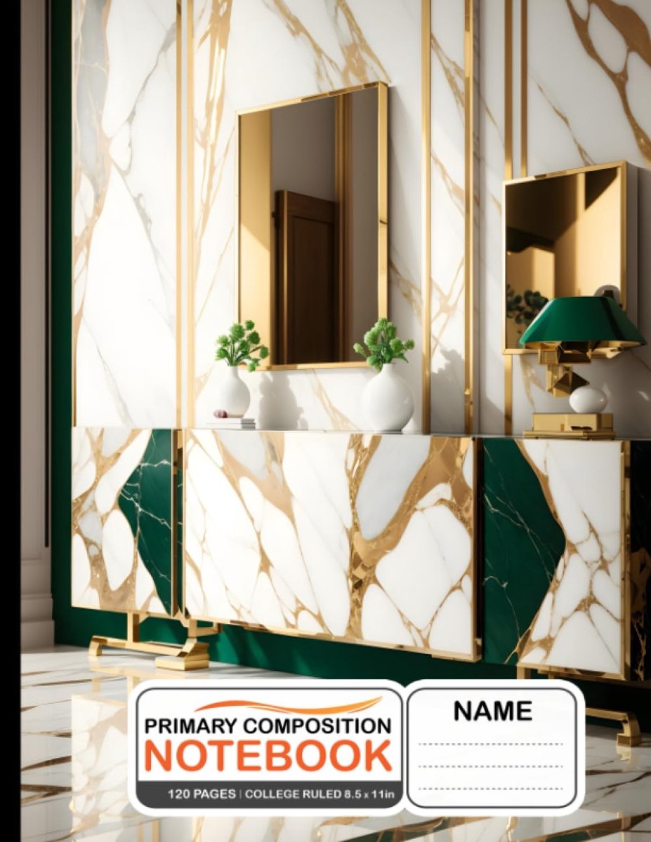 Composition Notebook College Ruled: Ivory and Copper Rectangular Marble Table with Golden and Green Wooden Legs, Ideal - ShopVlot