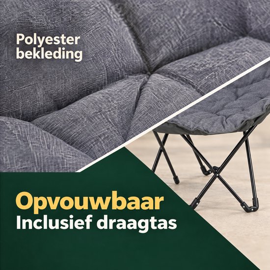 Cheqo® Vlinderstoel - Campingstoel Opvouwbaar - Butterfly Chair - Klapstoel - Vouwstoel - Kampeerstoel - Relaxstoel - Loungestoel - Tuinstoel - Festivalstoel - Strandstoel - Balkonstoel - voor Volwassenen - Draagbaar - Grijs - Inclusief Draagtas — afbeelding 2