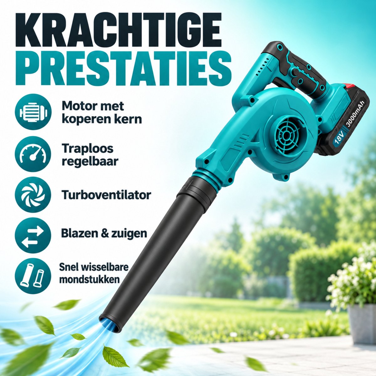 Accu Bladblazer en Stofzuiger 2-in-1 – 18V Luchtblazer met 2× 3000mAh Accu – Inclusief Opvangzak, Oplader en Mondstukken – Voor Tuin, Auto en Werkplaats – foto 3