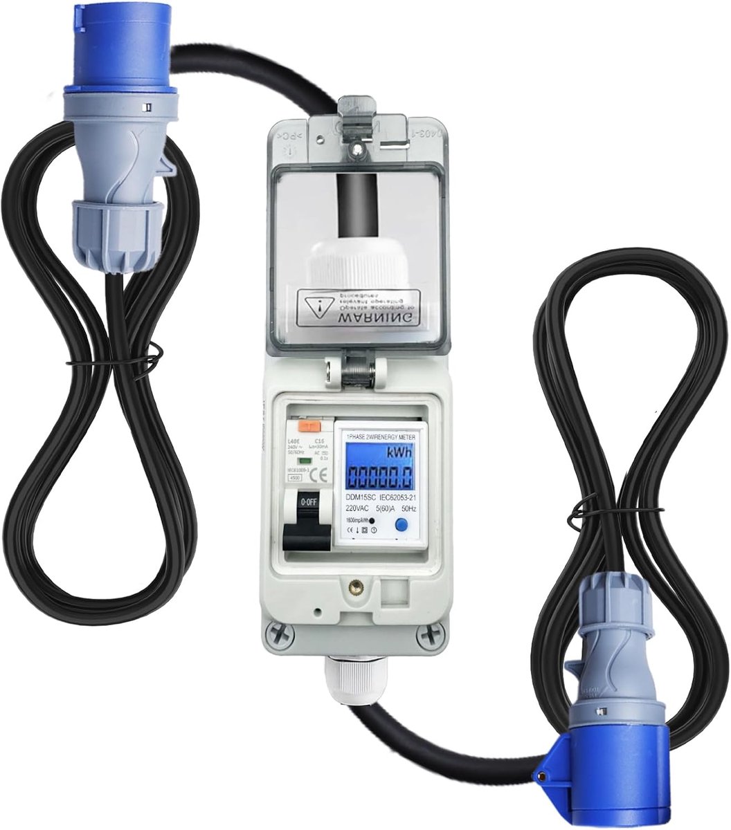 Mobiele digitale stroommeter 230V 16A - met FI veiligheidsschakelaar type A - IP44 CEE 3-polige stekker - ShopVlot