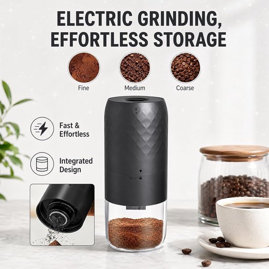 Draagbare Elektrische Koffiemolen met Conische Maalfunctie en 5 Instelbare Maalgraden, USB Snellader en Eenvoudige Bediening, Inclusief Reinigingsborstel voor Thuis, Kamperen en Reizen — afbeelding 4