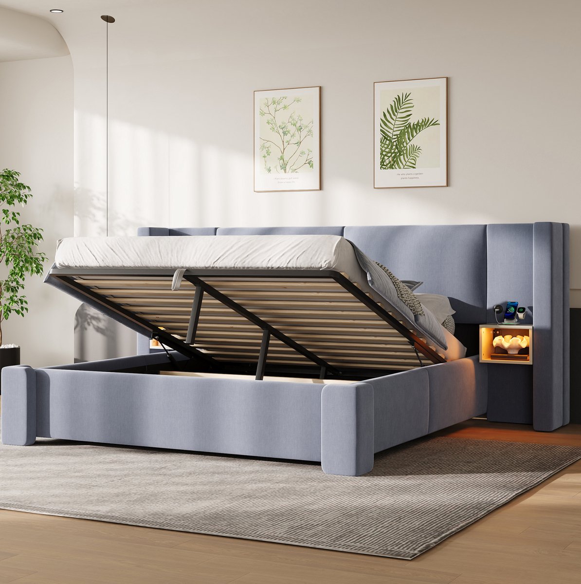 COVREO Opbergbed met lift – 180x200 cm – Frame met LED-verlichting – lattenbodem met opbergruimte – Grijs - zonder matras