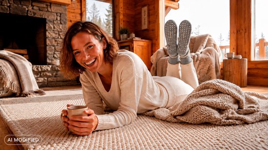 Vrouw met een kopje, liggend op een vloerkleed in een houten huis, met pantoffelsokken met noppen.