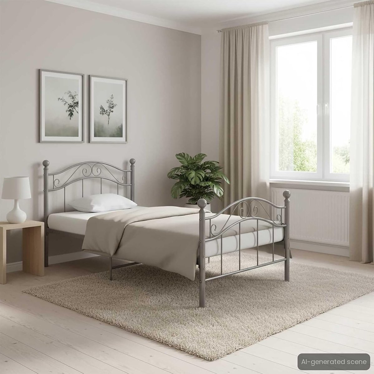 Eenpersoonsbed, 100 x 200 cm, stalen frame met poedercoating, grijs, inclusief geïntegreerde lattenbodem, ideaal voor kleine slaapkamers of als logeerbed