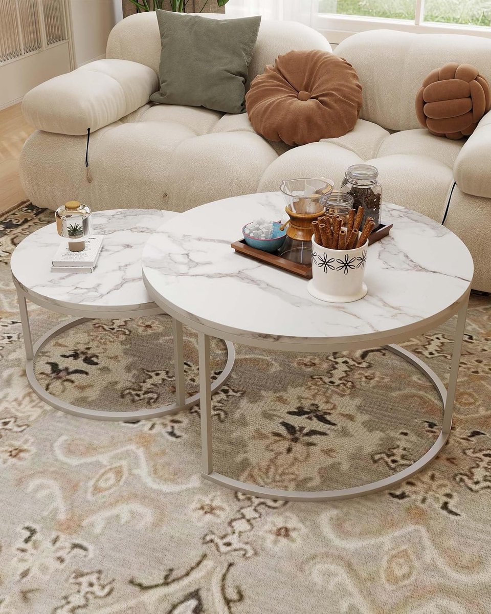 Salontafel Set van 2 Zilver Uittrekbare Tafels Ø80 en 60 cm, MDF Plateau met Marmer Effect & Zilveren Metalen Poten, Uittrekbare Tafels voor Moderne Salon