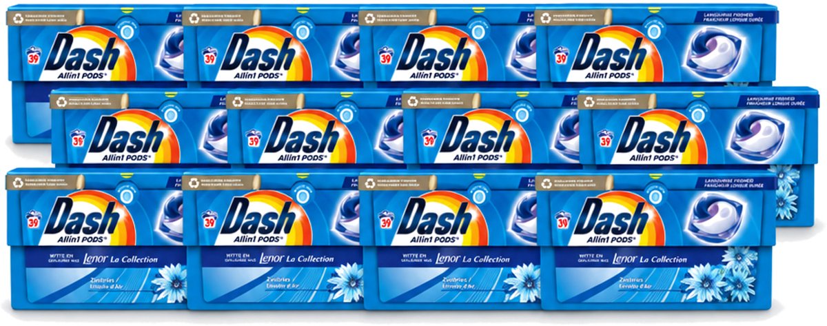 12 x Dash - Lenor Collectie - Wasmiddel Capsules - All-in-1 Pods - Witte en Gekleurde Was - 39 Wasbeurten - Voordeelverpakking - 12 stuks