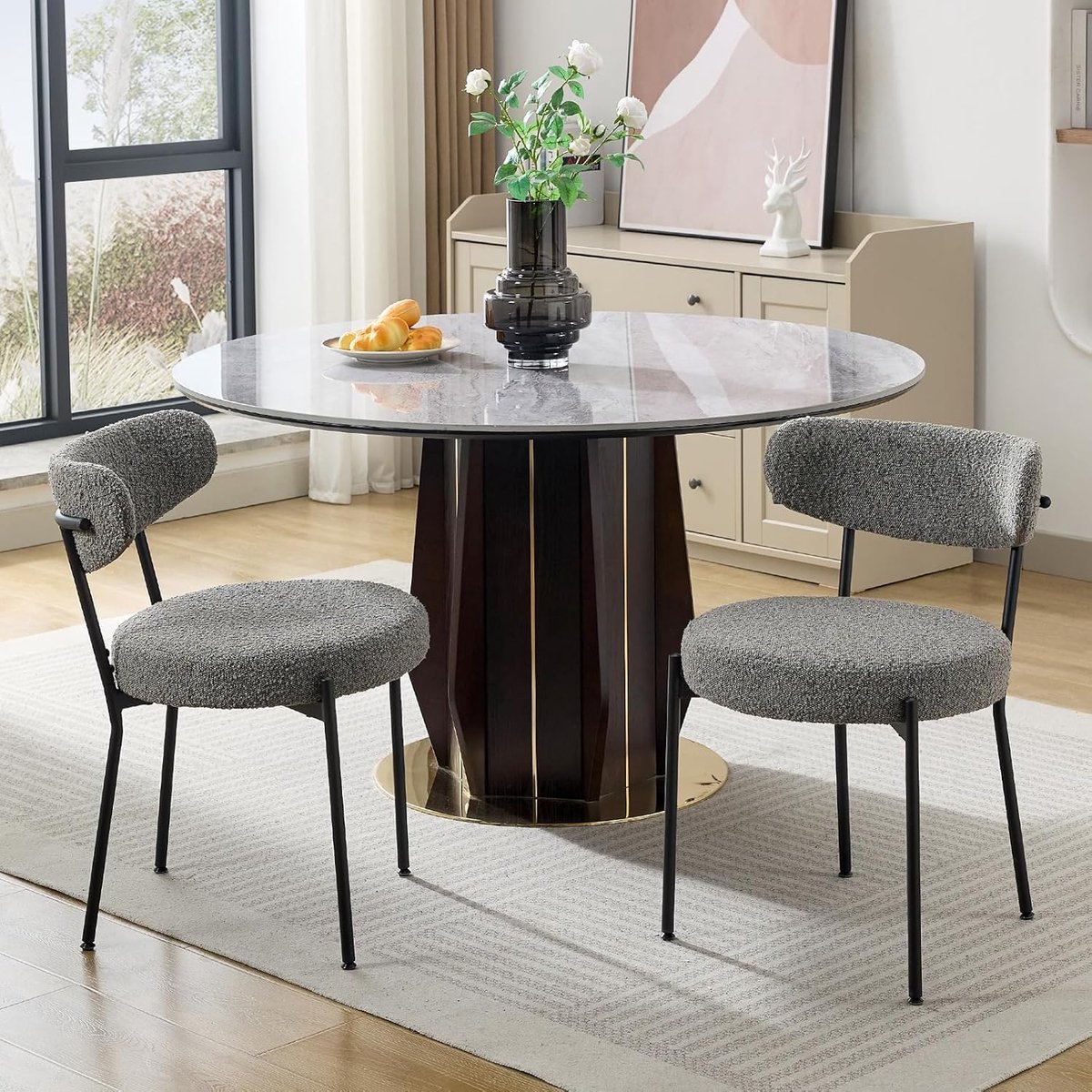 HoerFuriy - Set van 2 Eetkamerstoelen - Bouclé Stof - Ergonomische Gebogen Rugleuning - Mat Zwarte Metalen Poten - Comfortabel voor Keuken en Woonkamer - Grijs