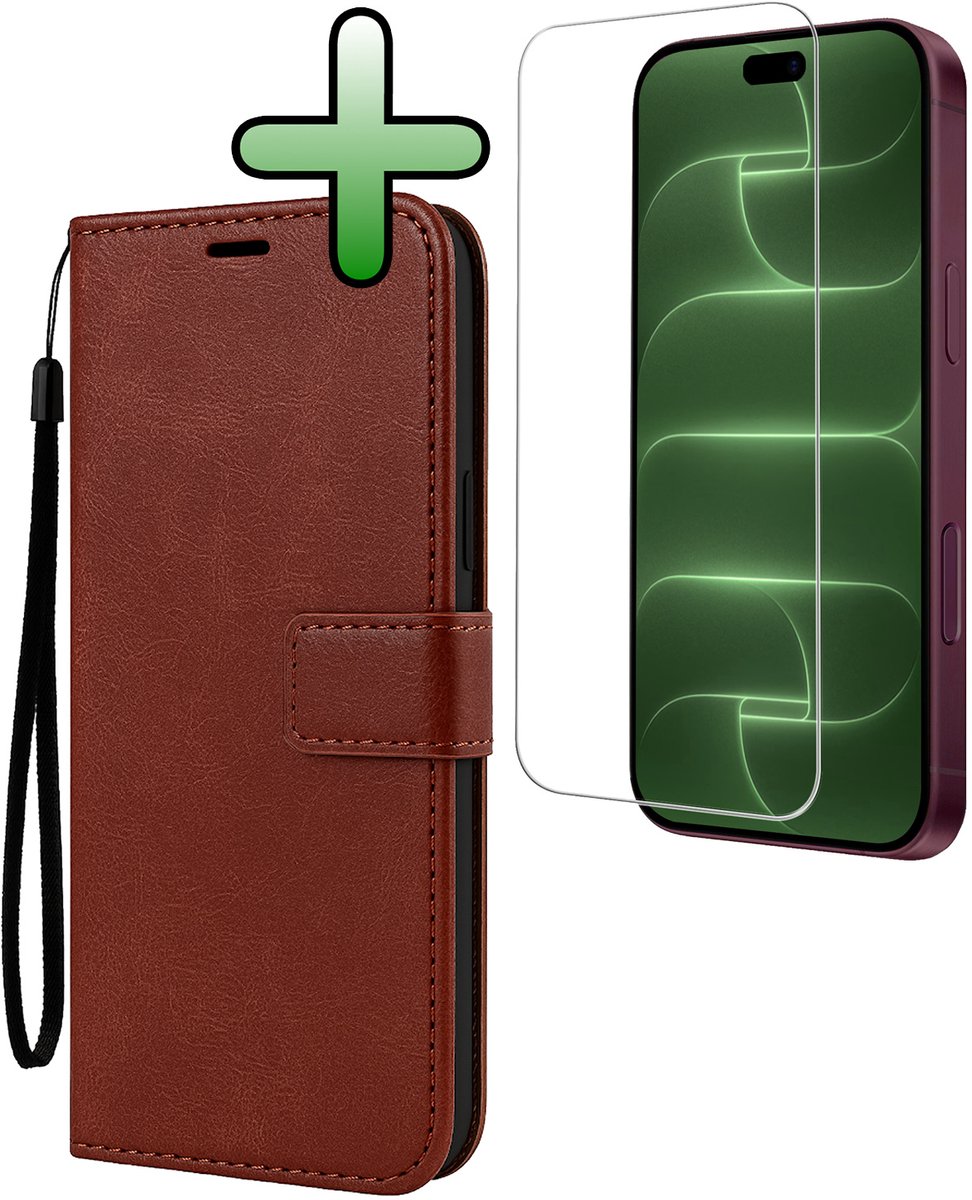 Hoesje Met Screenprotector - Geschikt voor Apple iPhone 18 Pro - Luxe Pasjeshouder - Bookcase Portemonee - Flip Case - Kunstleer Book Case - Flipcase - Book Cover - Walletcase - Portemonneehoes - Bruin
