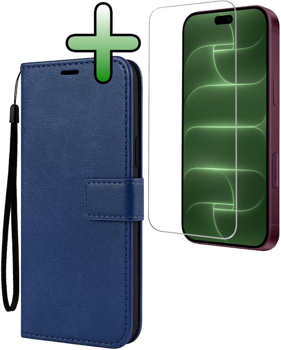 Hoesje Met Screenprotector - Geschikt voor Apple iPhone 18 Pro - Luxe Pasjeshouder - Bookcase Portemonee - Flip Case - Kunstleer Book Case - Flipcase - Book Cover - Walletcase - Portemonneehoes - Donkerblauw