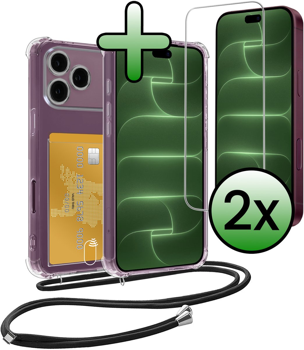 Hoes Geschikt voor iPhone 18 Pro Hoesje Pas Houder Shock Proof Case Hoes Met Koord Met 2x Screenprotector - Hoesje Geschikt voor iPhone 18 Pro Hoes Met Telefoonkoord Pasjeshouder Cover - Transparant