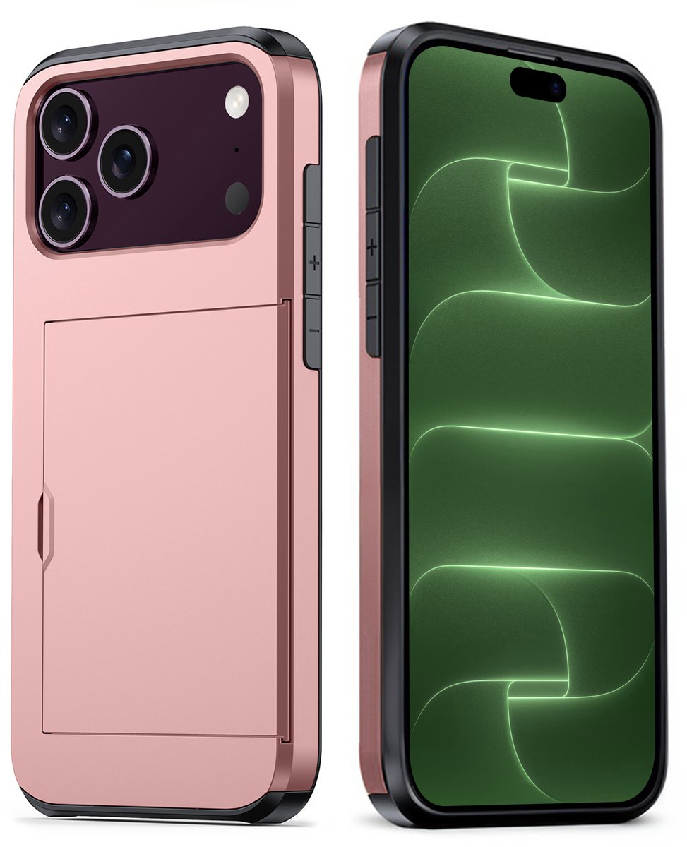 Hoes Geschikt voor iPhone 18 Pro Max Hoesje Hard Case Met Pas Houder - Hoesje Geschikt voor iPhone 18 Pro Max Hoes Shockproof Hard Cover Met Kaarthouder - Rosé goud