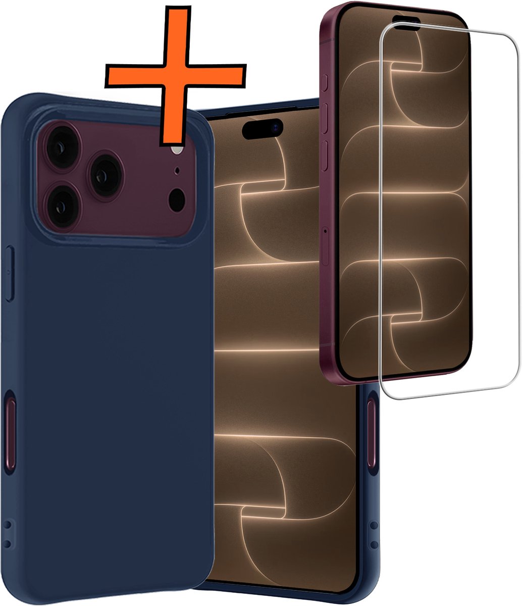Hoes - Met Screenprotector - Geschikt voor Apple iPhone 18 Pro Max - Sterk & Shockproof - Back Cover - Siliconen Case - Telefoon Hoes - Donkerblauw