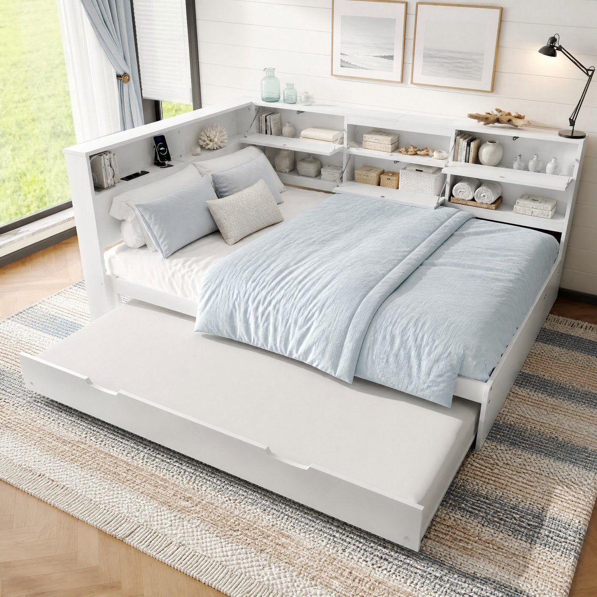 WUVRIE Slaapbank 140x200 cm met uitschuifbed, opbergend hoofdbord, USB en Type-C, wit