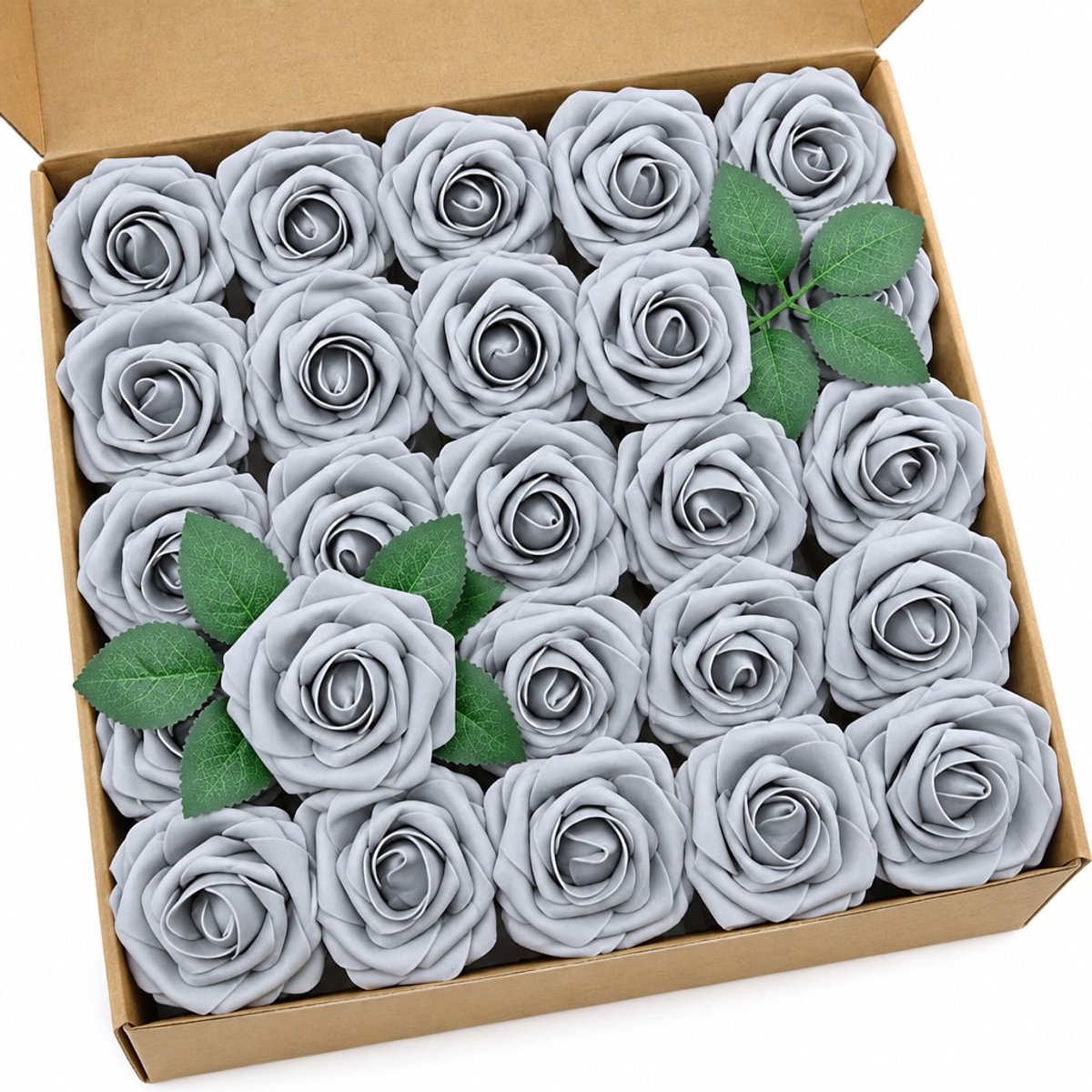 YYchan 25x Kunstrozen Grijs - Zachte Foam Rozen met Buigbare Steel & Bladeren - Voor Binnen & Buiten