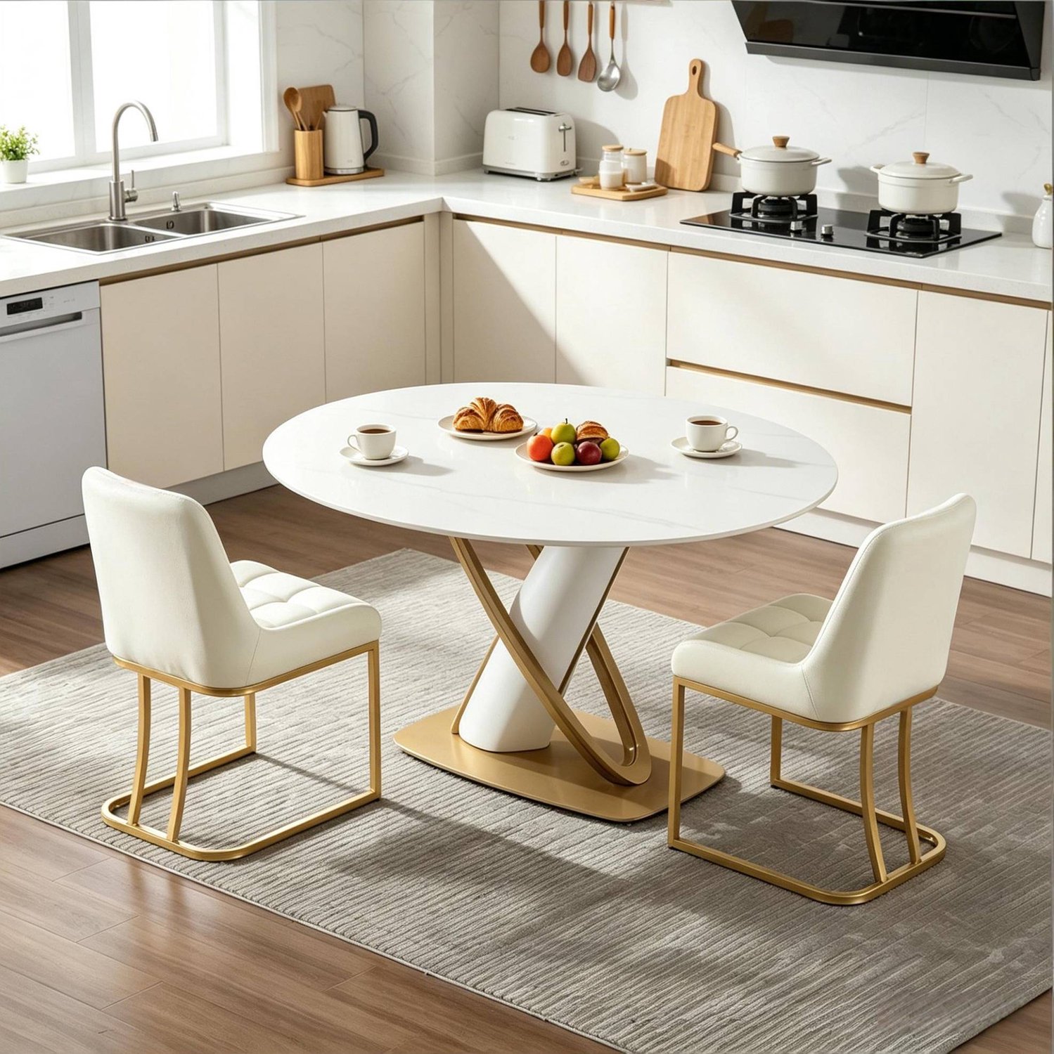 WUVRIE Set van 2 eetkamerstoelen - Met armleuningen en metalen onderstel - Beige