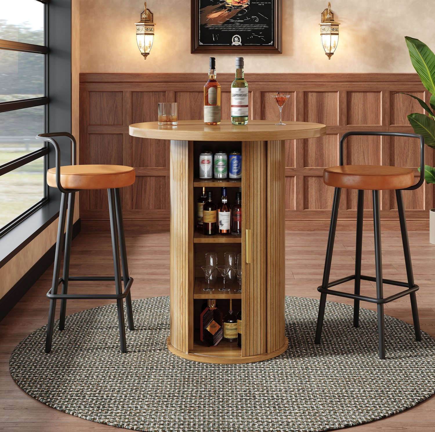WUVRIE Ronde bartafel 60 x 60 x 91,6 cm - Met kast en 4 opbergniveaus - Houtlook