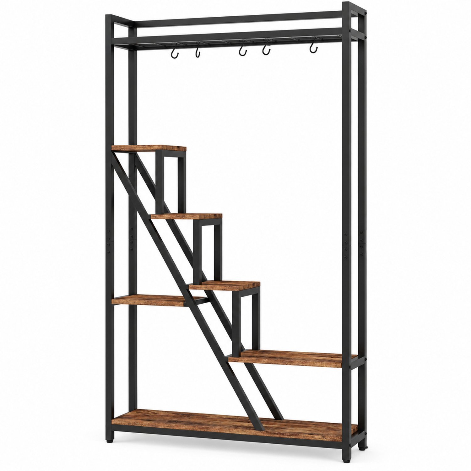 DMG Supply Plantenrek 7 Niveaus – 105 x 30 x 180 cm – Metalen Plantenstandaard met 5 S-Haken – Voor 10+ Planten – Bruin en Zwart