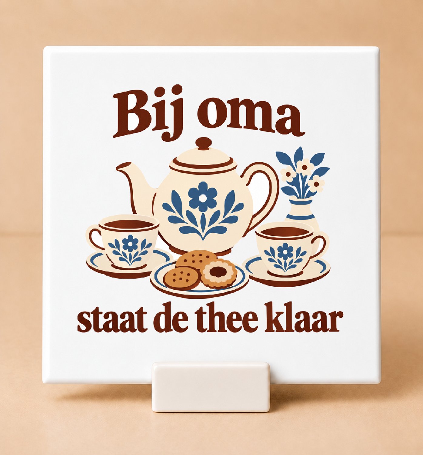 Bedruk King Vrolijke De thee-tante in winterstand Tegel – Kleurrijke Wanddecoratie voor Theeliefhebbers en Oma Fans - 15 x 15 cm met houder Wit