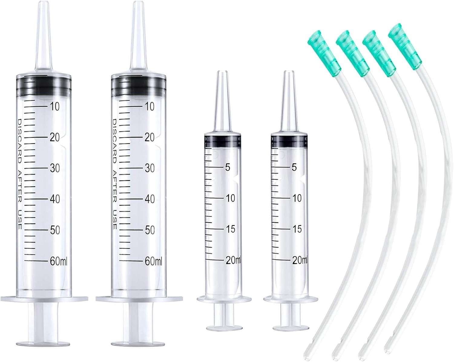 Set van 4 Doseringspuiten 20 ml/60 ml zonder Naald met Slang, Transparante Plastic Hoses voor Laboratorium, Dierlijke Voeding, Plantenirrigatie en Vloeistofoverdracht