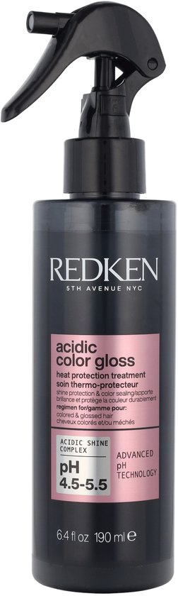 Redken Acidic Color Gloss spray met pH 4.5-5.5 en Acidic Shine Complex. Zwarte fles met roze label.