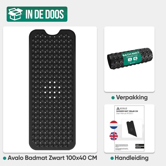 Inhoud van de doos: zwarte badmat 100x40 cm, verpakking en handleiding.