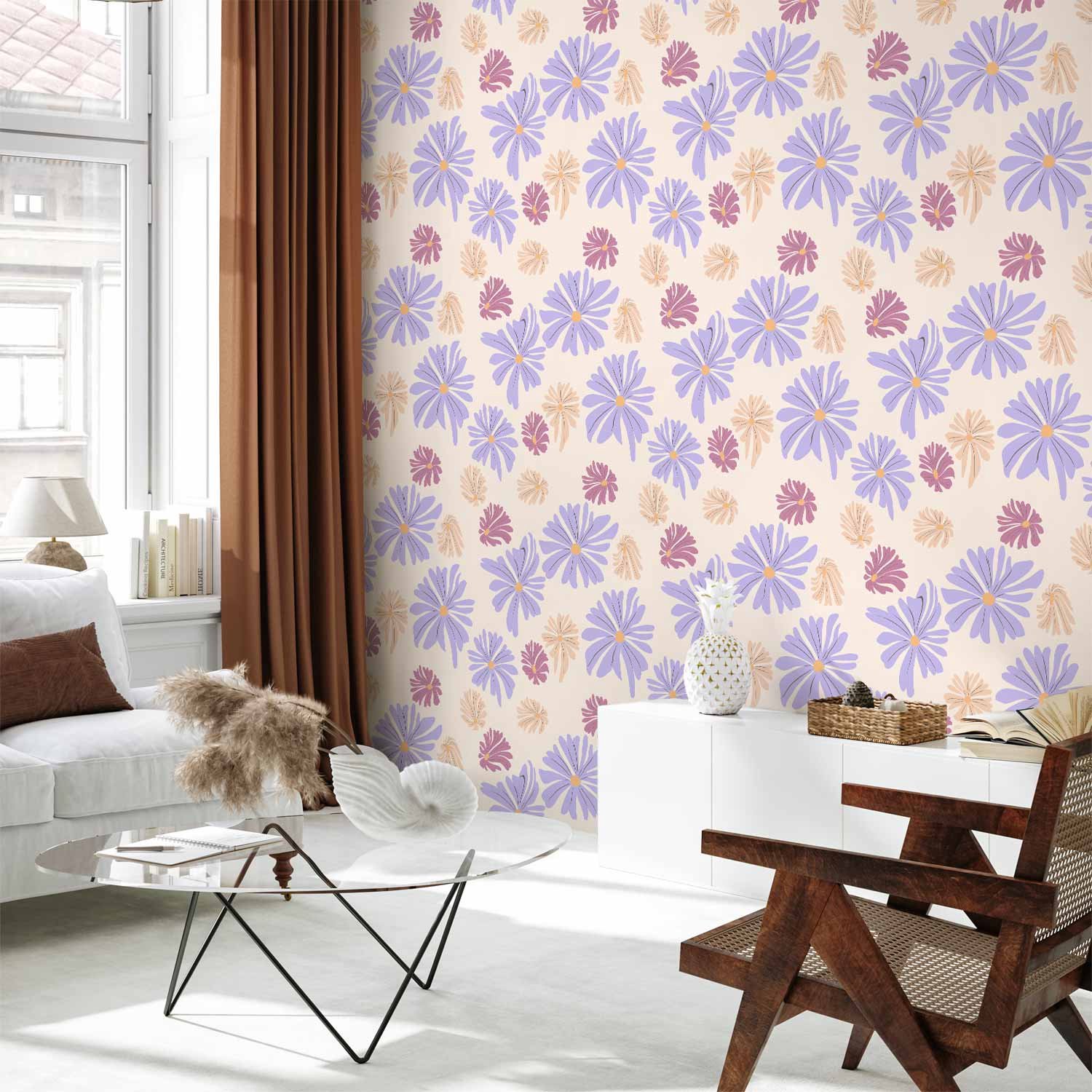 Behang - Floating Flowers - Tiny - wind-borne flowers in three colors - on a light background.