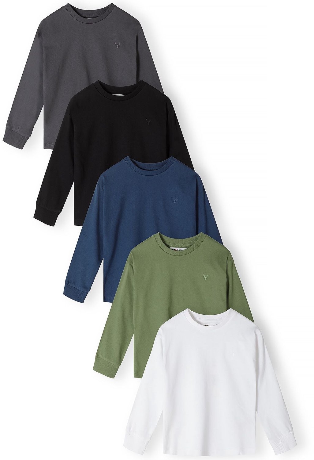 Minoti longsleeve jongens – geborduurd hertje – 5-pack – grijs en olijfgroen