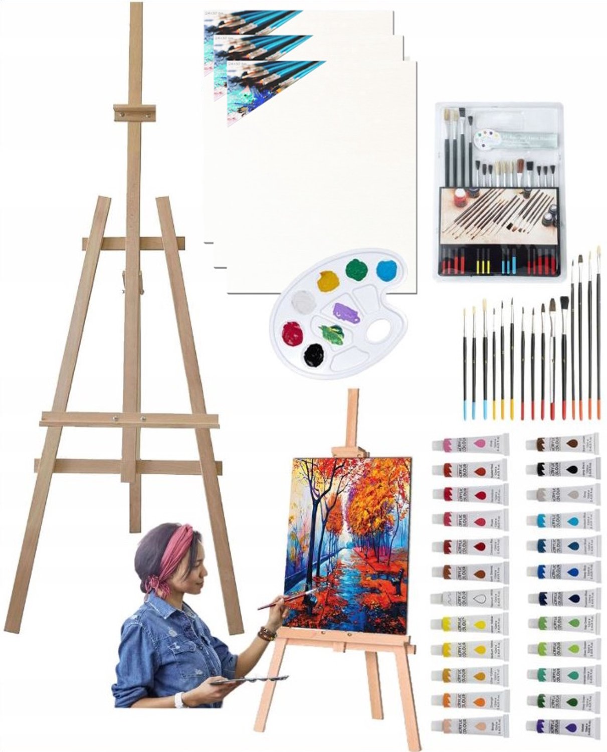 Professionele Schilder set: Ezel, Acrylverf, Kwasten & Doeken