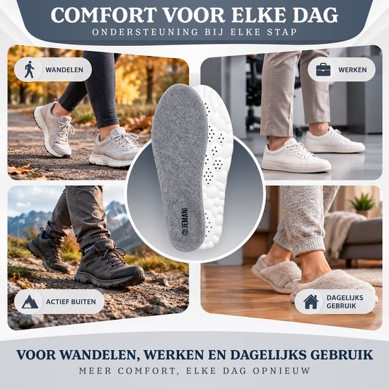Inlegzool in het midden met vier afbeeldingen van mensen die wandelen, werken en thuis ontspannen.