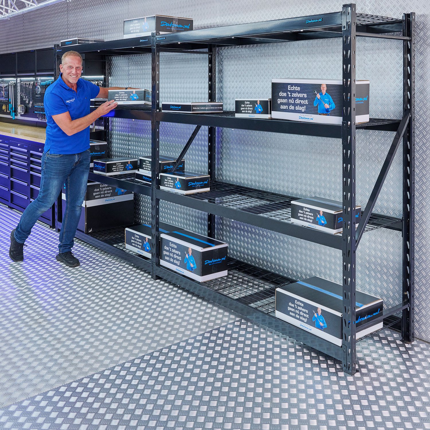 Datona® Magazijnstelling met 8 verstelbare legborden - 392 cm - Zwart
