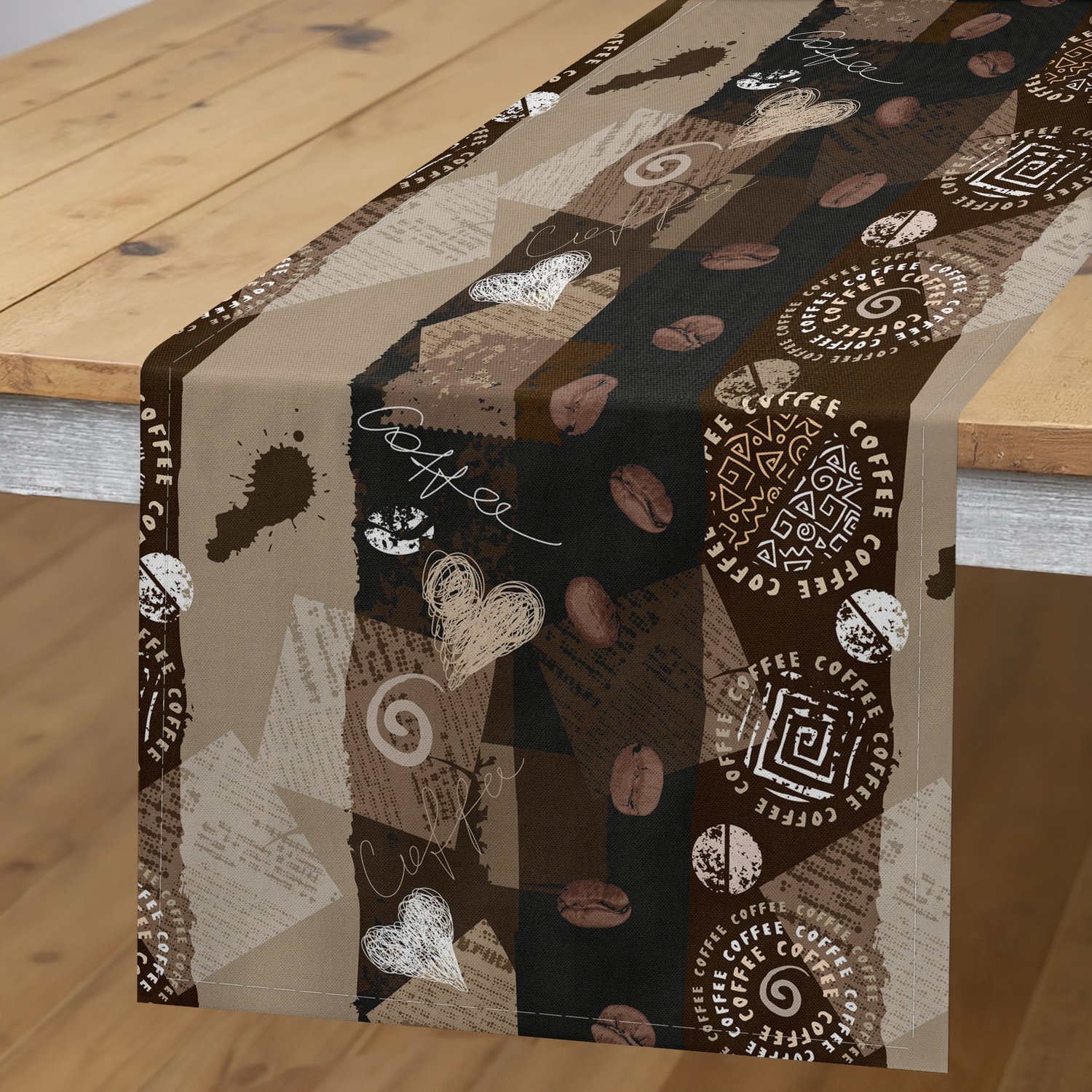 ABAKUHAUS Bruin Tafelloper, Koffie Typografie Harten Bonen, Rechthoekige Decoratieve Tafelloper voor Eetkamer en Keuken, 40 x 180 cm, Bruin