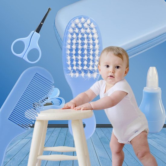 Babyverzorgingsset - 8-in-1 - Inclusief haarborstel, kam, nagelknipper en nagelvijl, neusaspirator, vingertandenborstel en klein schaartje - Draagbaar - Verzorgings- en hygiëneset - Blauw — afbeelding 4