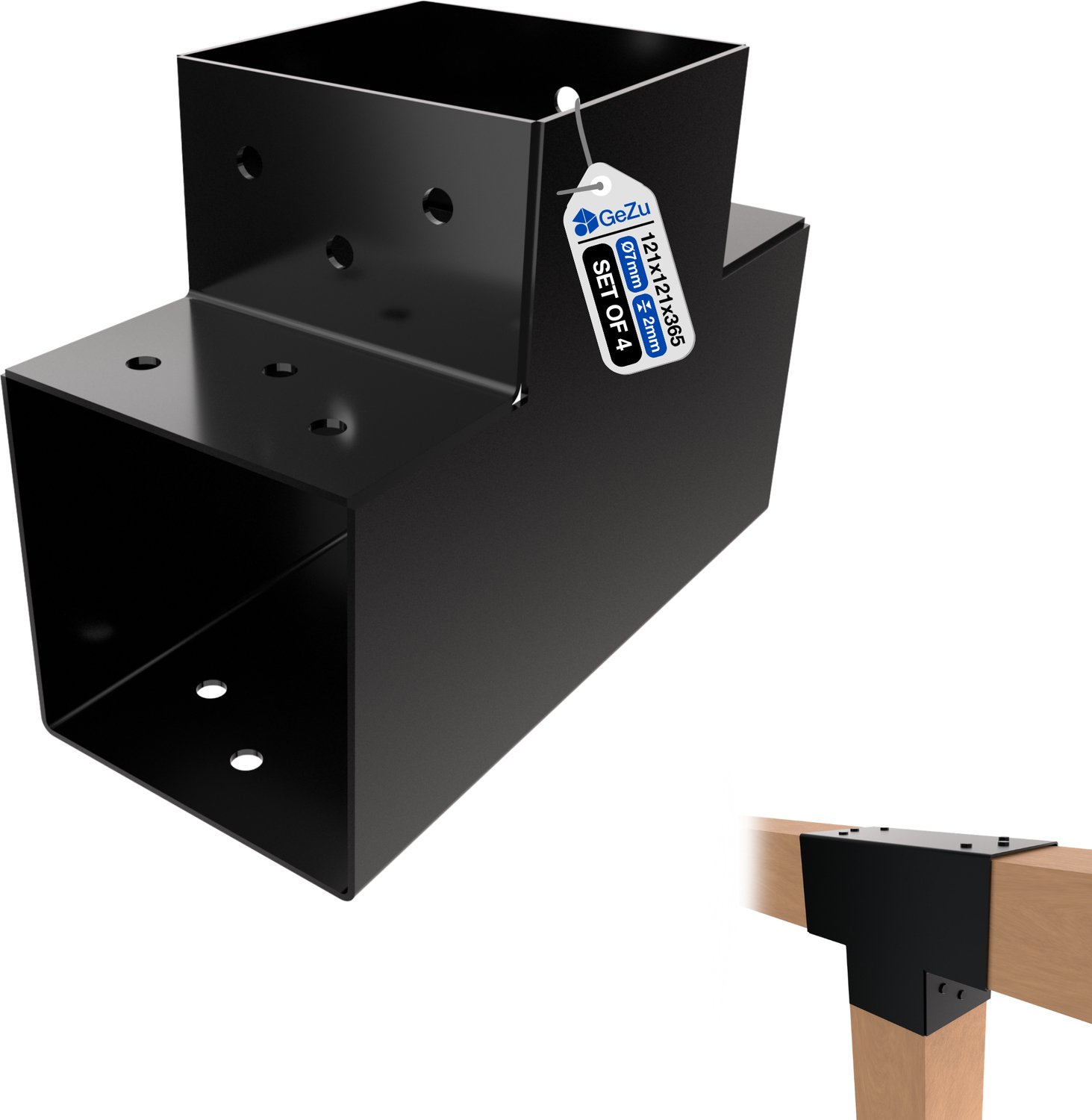 GeZu Impex Paalverbinder T 121 x 121 mm | T set van 4 Gecoat Zwart Poeder Pergola Hoekverbinding T-Vorm 3-Balk