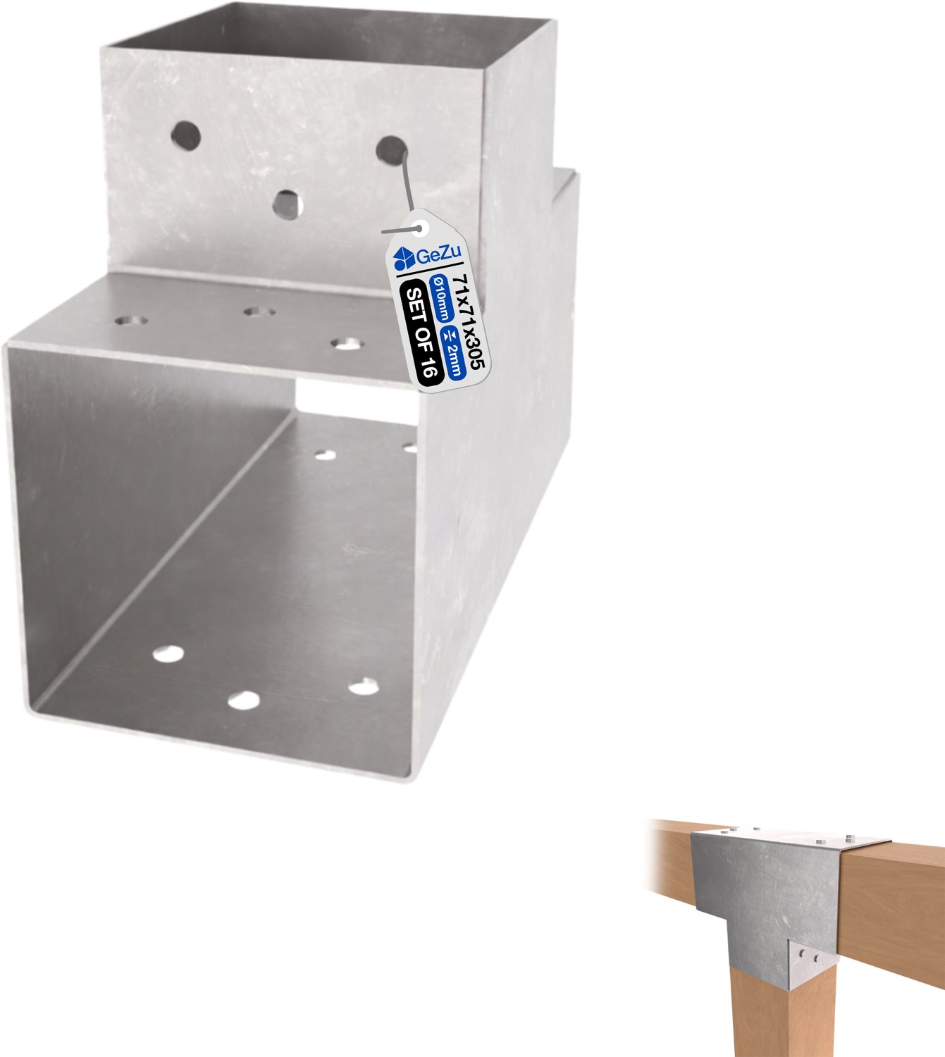 GeZu Impex Paalverbinder 71 x 71 x 305 mm | T set van 16 Thermisch Verzinkt pergola hoekverbinder hoekverbinding