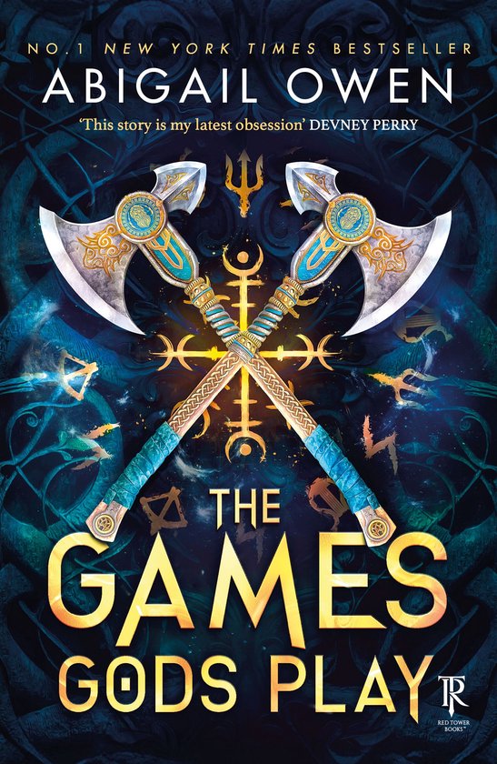 Boekomslag: 'The Games Gods Play' door Abigail Owen. Twee gekruiste, versierde strijdbijlen op een donkere, magische achtergrond.