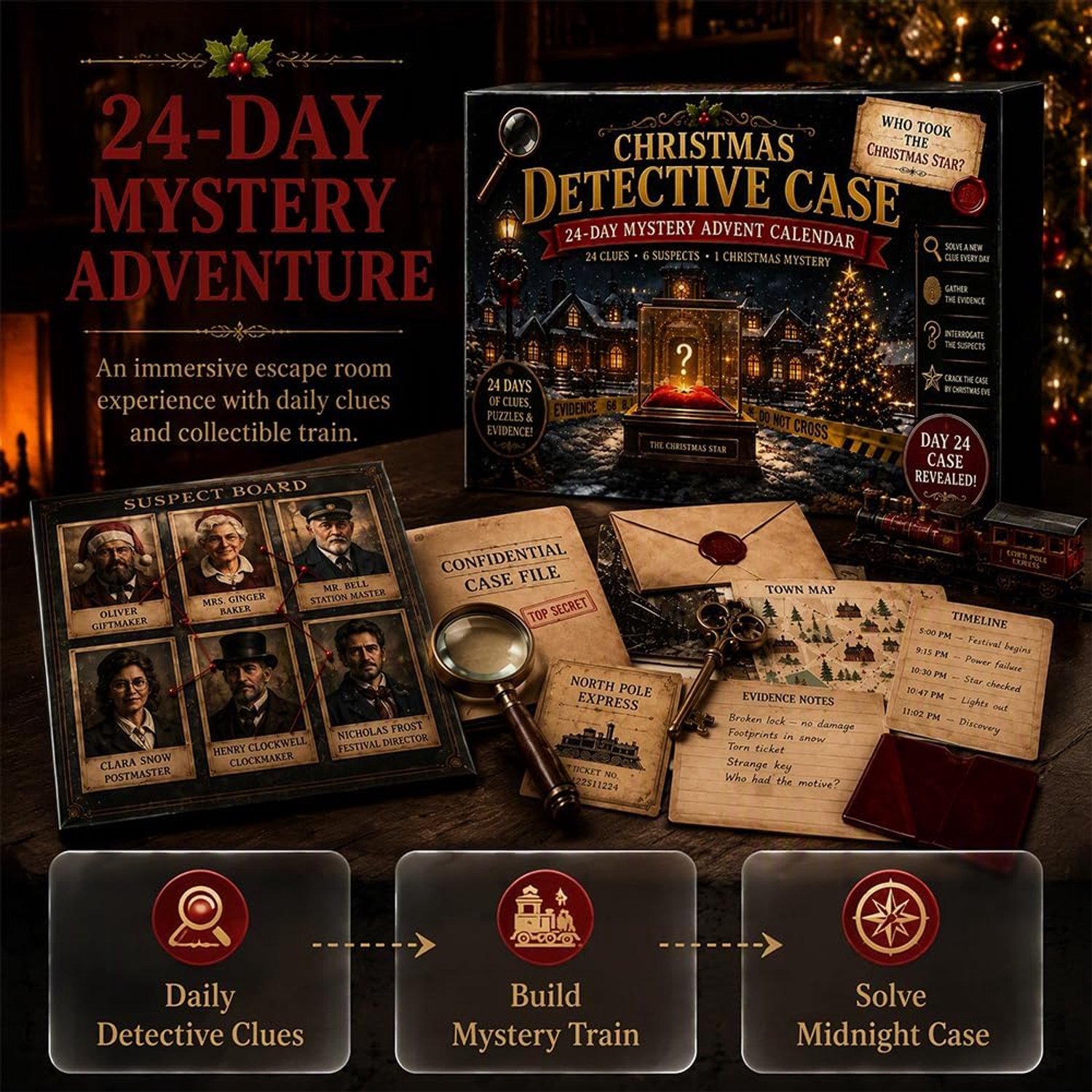 Mysterie Adventskalender 2026 - 24 Dagen Escape-room Puzzels - 6 Verhaalthema's - Dagelijkse Verrassing - Uniek Aftelavontuur - Perfect voor Volwassenen & Kinderen - Complete Set - Spannend & Uitdagend - Zumolir® – foto 3