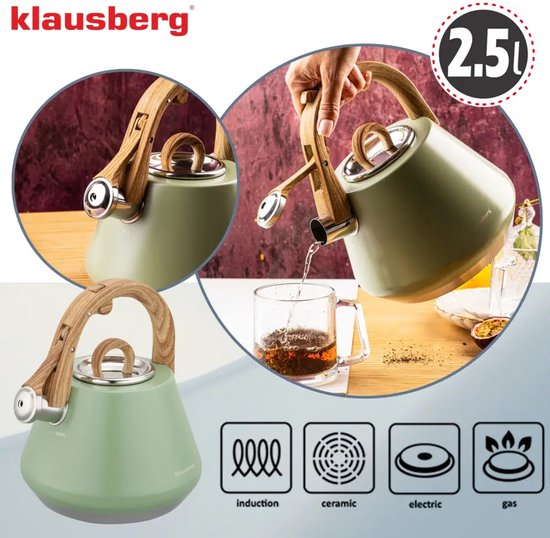 Klausberg 2.5L waterketel met iconen voor inductie, keramisch, elektrisch en gas fornuis.