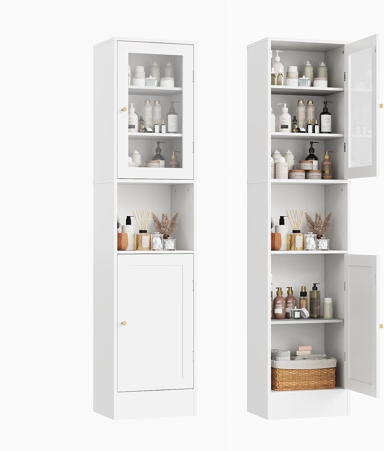 Witte staande opbergkast 40×30×170 cm - smalle keukenkast en badkamerkast - met glasdeur en gesloten lade voor opbergruimte