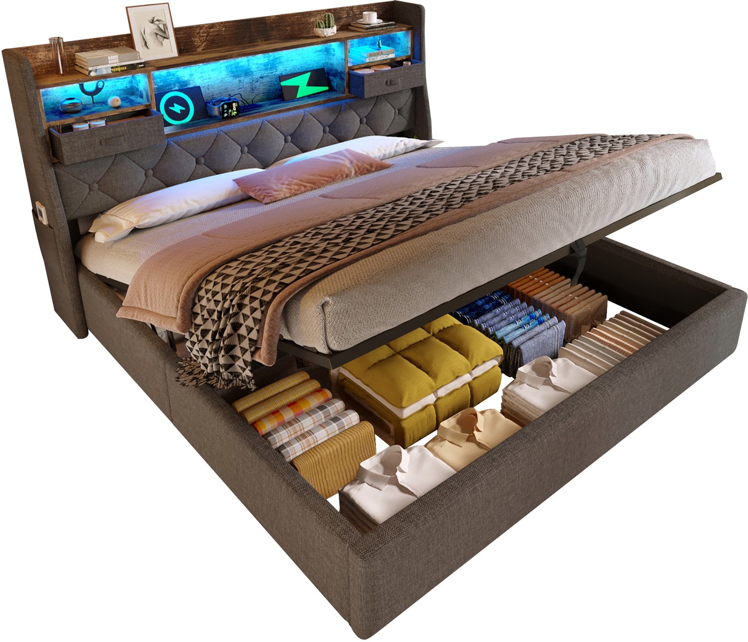 Ropilly Opbergbed 140x200 cm - Gestoffeerd Bed Met Hydraulische Opbergruimte - Hoofdbord Met LED En USB-C - Inclusief Lattenbodem - Grijs Linnen