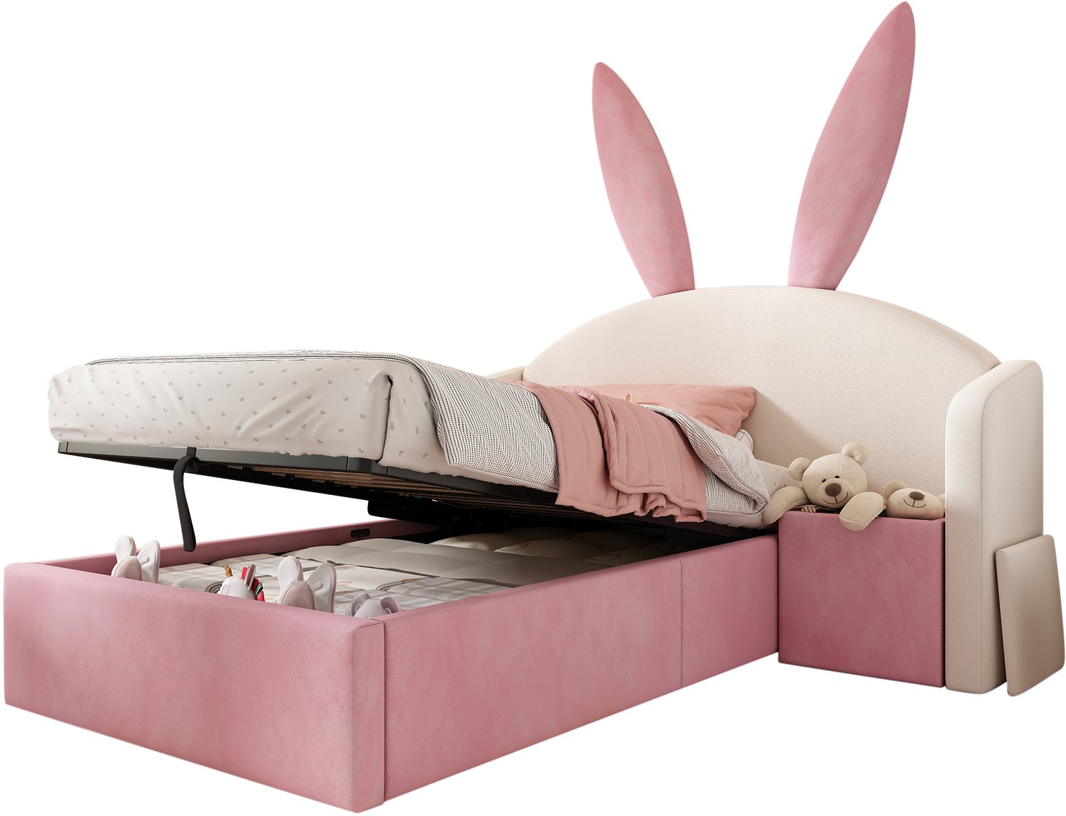 Kinderbed 90x190 cm - Gestoffeerd Bed Van Fluweel Met Konijnenoren, Opbergruimte En Nachtkastje - Beige En Roze