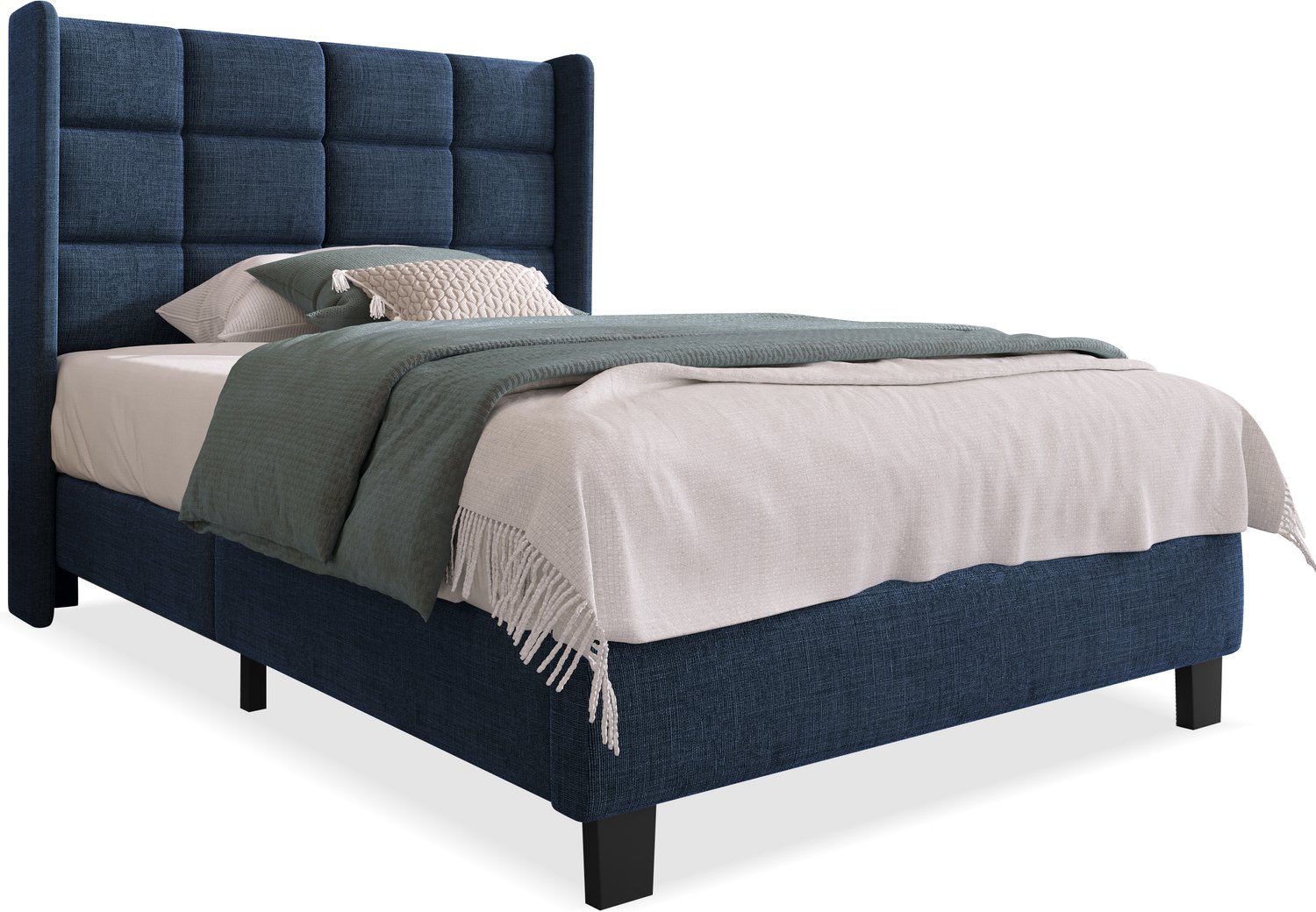 Eenpersoonsbed 90x200 - Blauw Linnen Bed Met Gestoffeerd Hoofdbord - Houten Lattenbodem En Stalen Frame - Zonder Matras