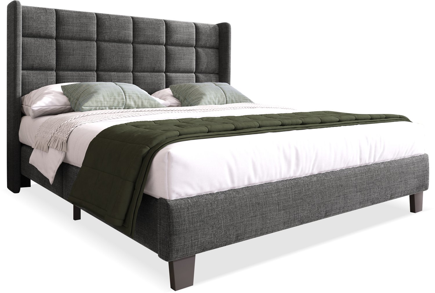 Tweepersoonsbed 140x200 cm - Gestoffeerd Bed Met Lattenbodem - Linnen Bedframe Met Hoog Hoofdbord En Stalen Binnenframe - Grijs