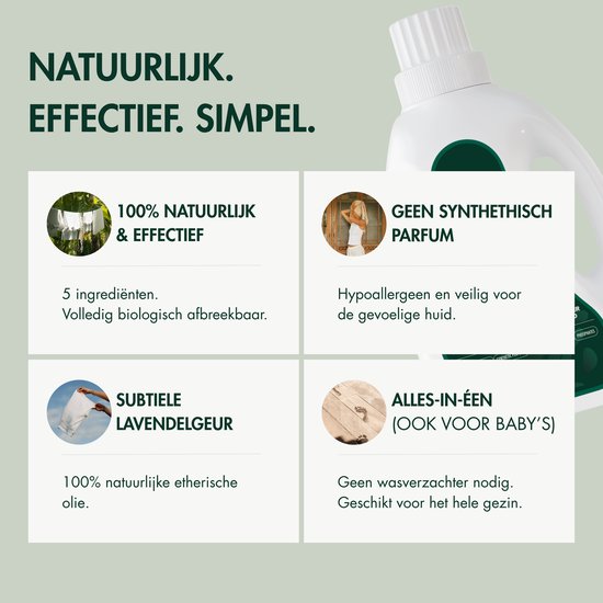 Informatieblad met The Green Junk wasmiddel, benadrukt 100% natuurlijke ingrediënten en geschiktheid voor de gevoelige huid.